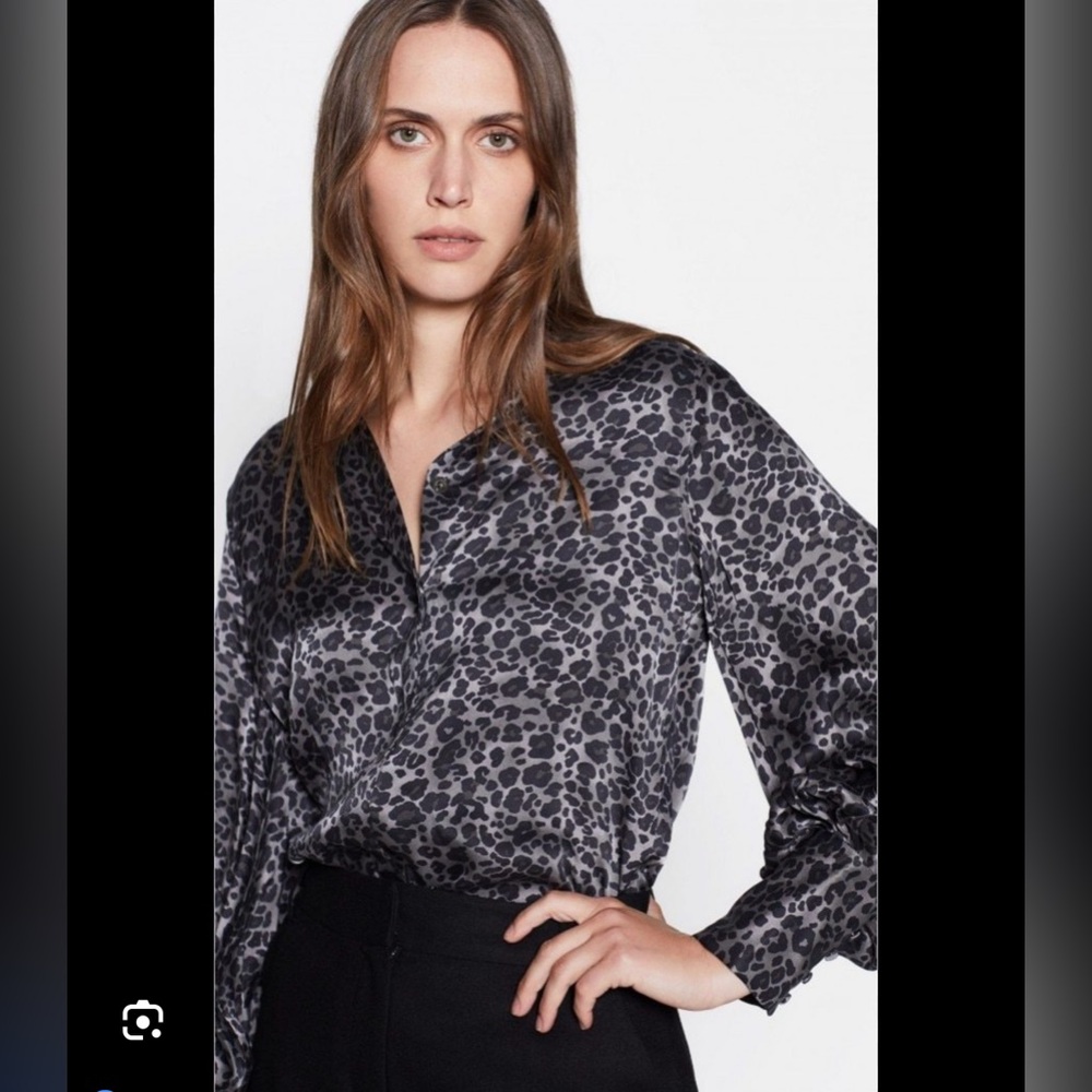 ❤️ Equipment balloon sleeve gray cheetah leopard print button down blouse 👚F1